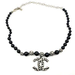 Chanel Silver CC Star Crystal Black Bead Necklace